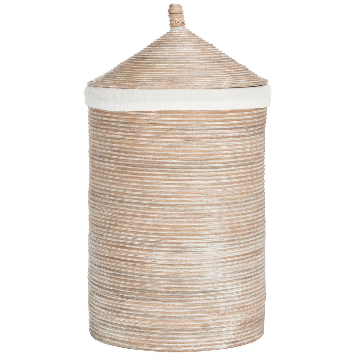 Whitewashed rattan laundry hamper has a tapered lid and crisp white fabric trim || HAC6501A || front_studio