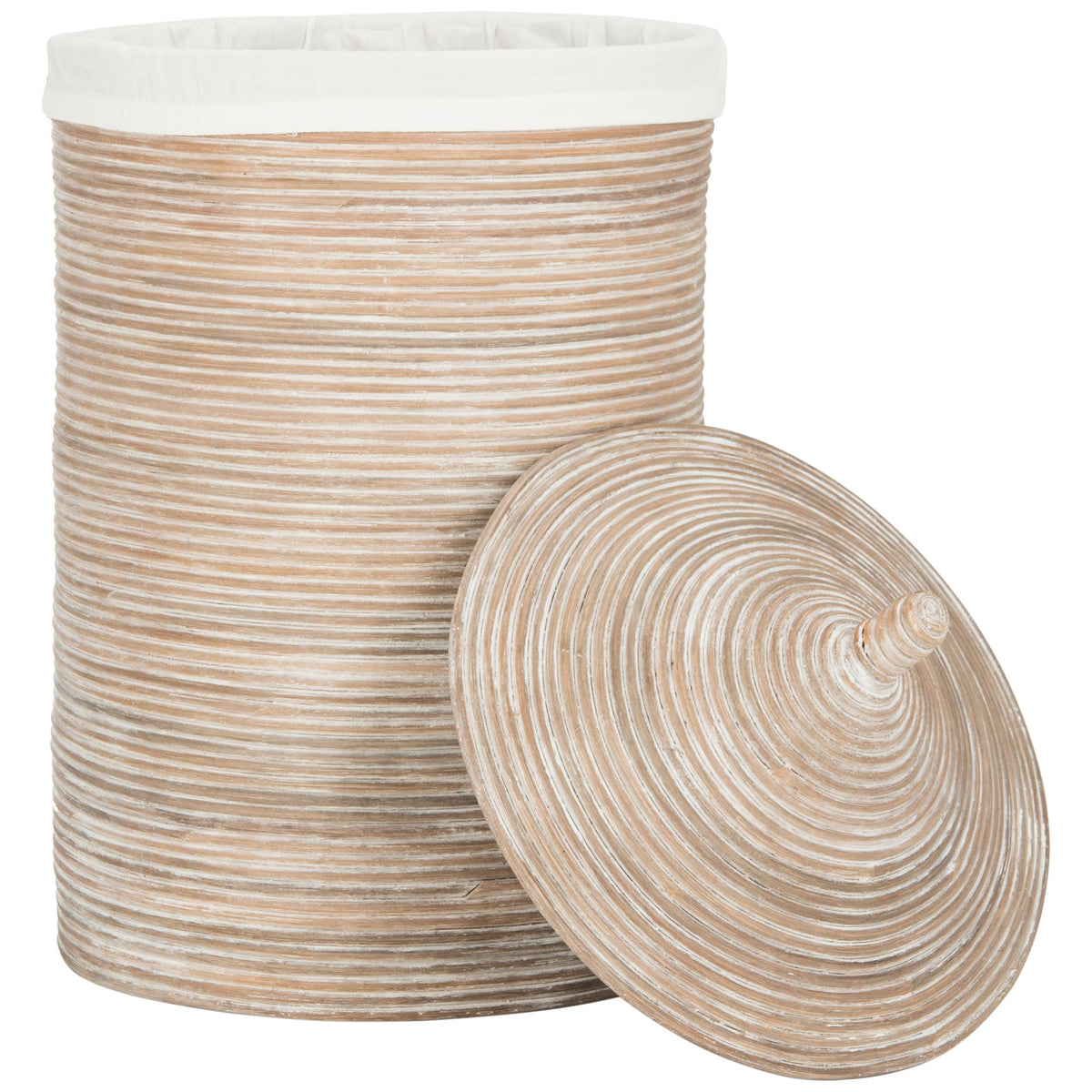 A removable conical lid reveals the white-lined interior of the rattan hamper || HAC6501A || front_open_studio