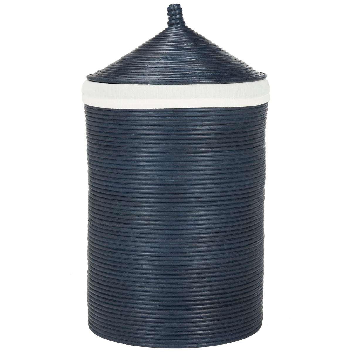 Deep navy rattan weave and white fabric trim encircle a tall hamper with a pointed lid || HAC6501B || back_studio