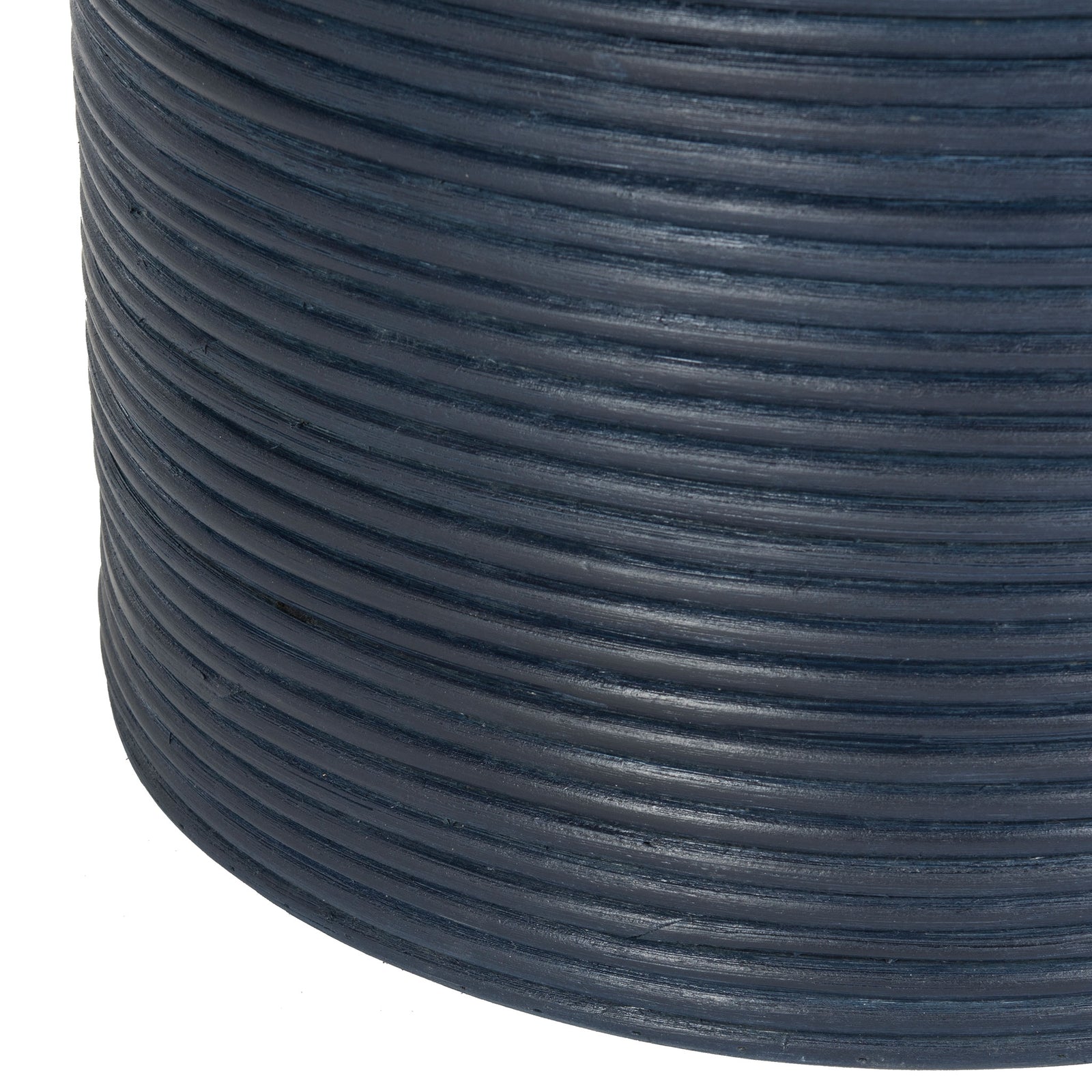 Navy-finished rattan strands create layered texture across the hamper's rounded base || HAC6501B || detail_studio