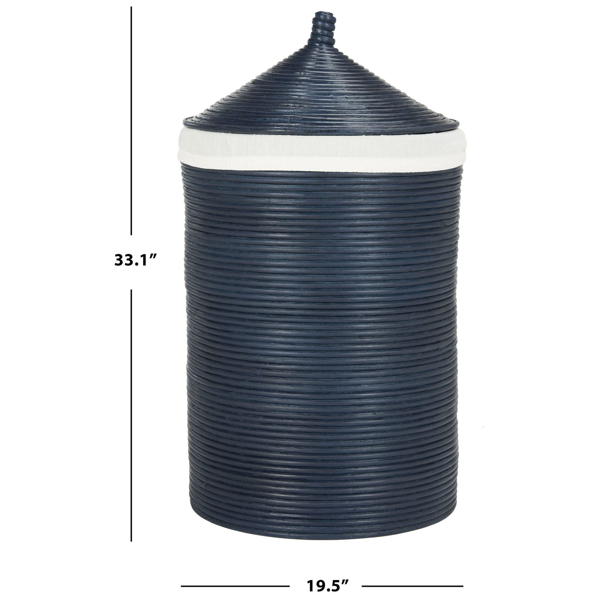 Navy rattan hamper measures 33.1 inches tall and 19.5 inches across || HAC6501B || dimension_studio