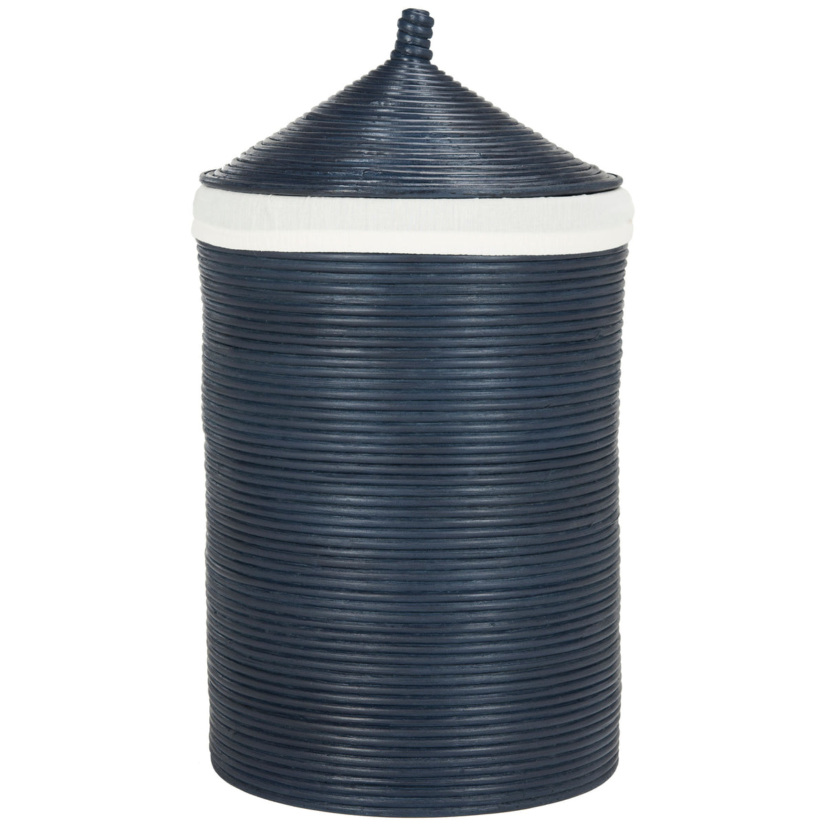 Navy woven rattan hamper has a conical lid and bright white trim around its rim || HAC6501B || front_studio