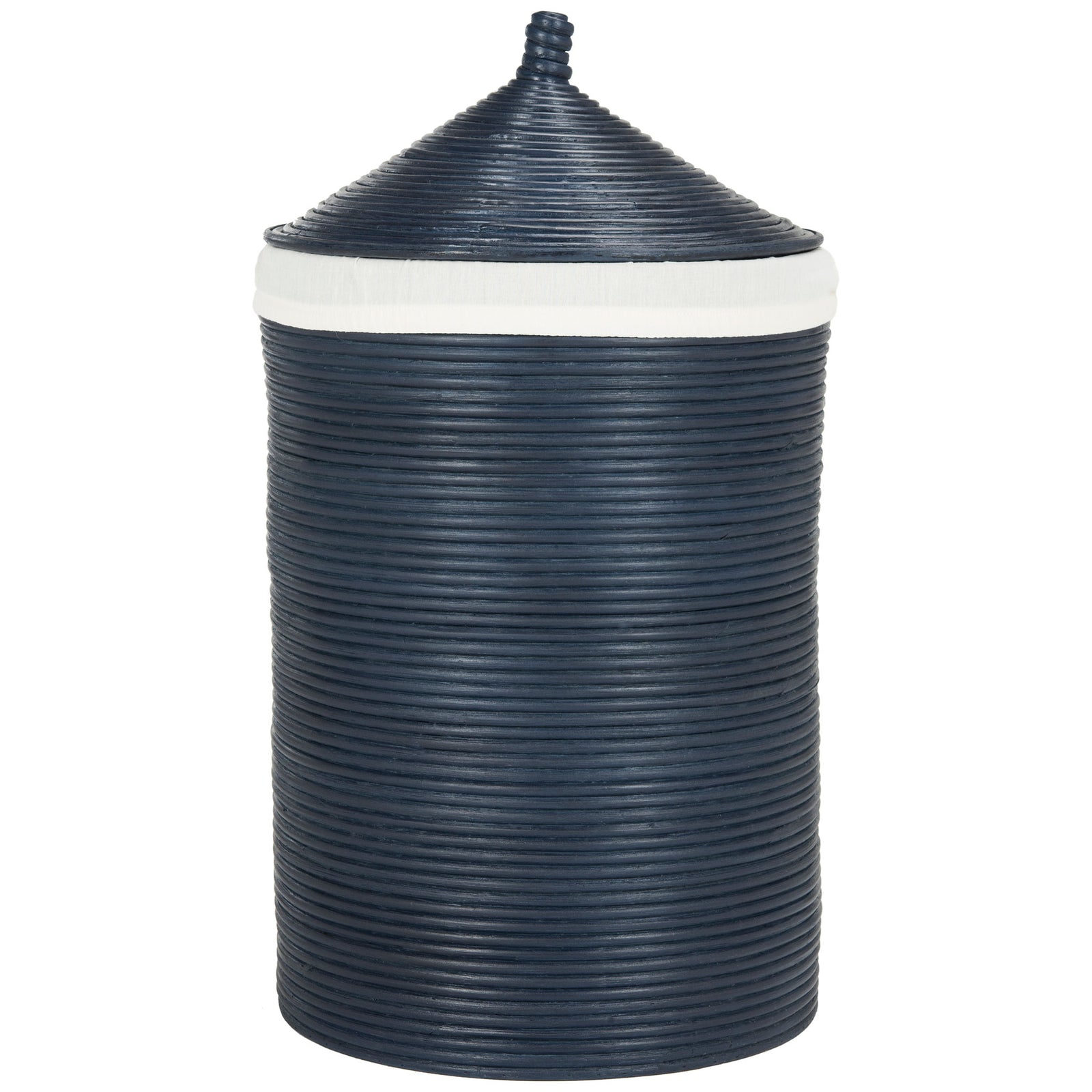 Navy woven rattan hamper has a conical lid and bright white trim around its rim || HAC6501B || front_studio