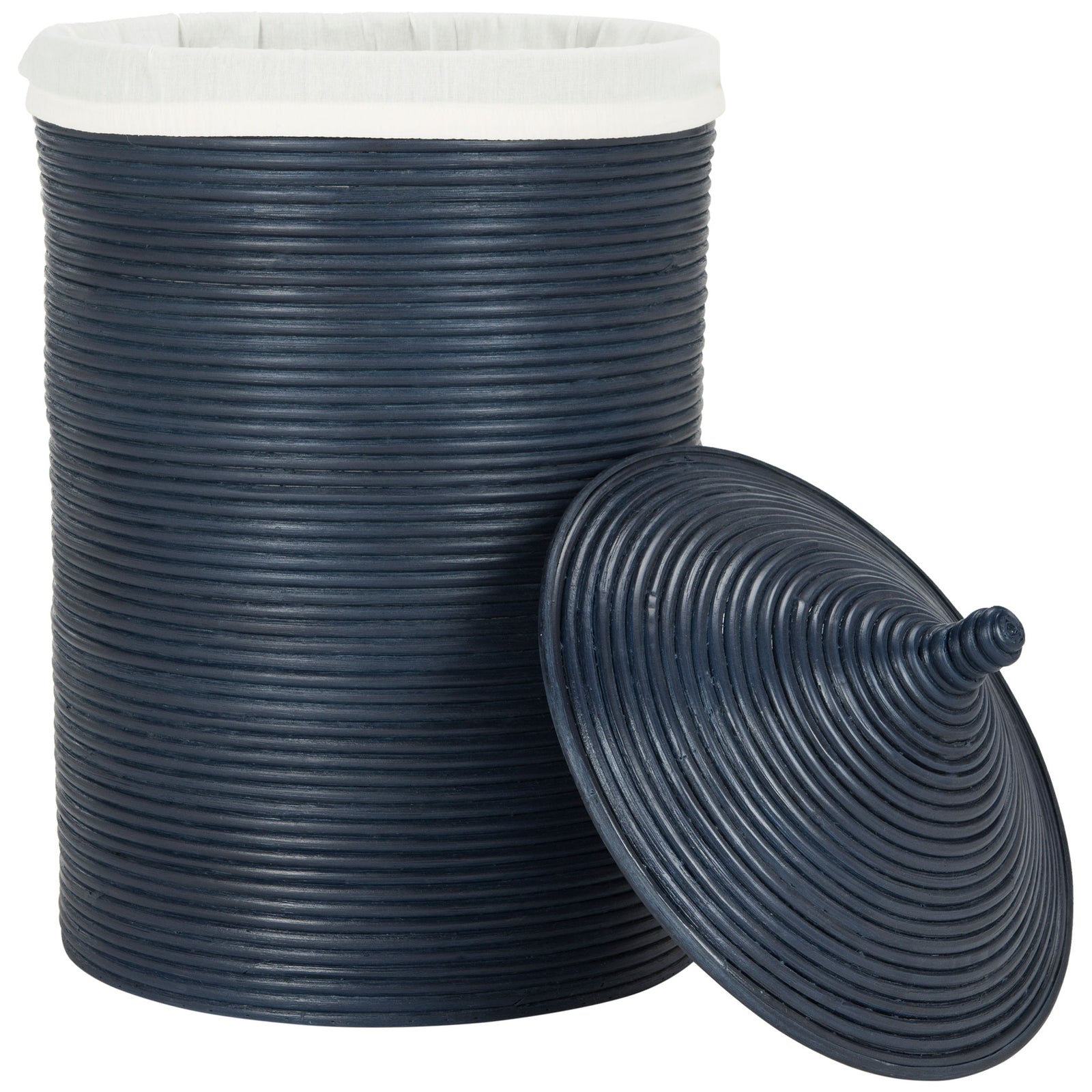 Navy rattan hamper opens to reveal a white fabric lining and removable tapered lid || HAC6501B || front_open_studio
