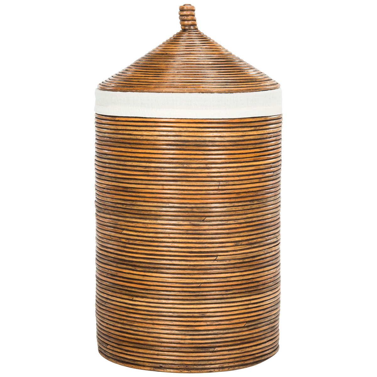 Honey-brown woven rattan hamper has a pointed lid and a soft white fabric band || HAC6501C || front_studio