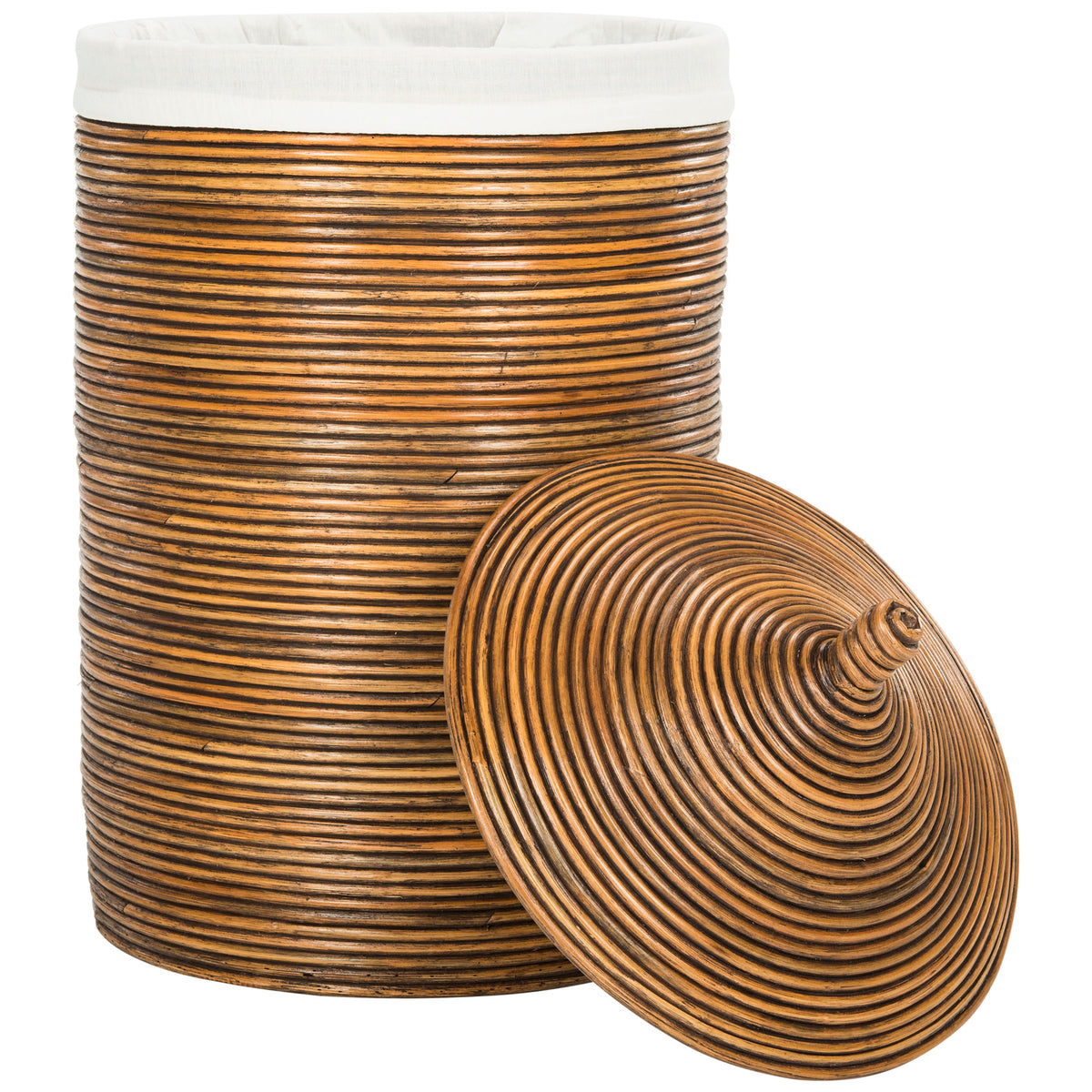 A removable honey-brown rattan lid rests beside the hamper's white-lined opening || HAC6501C || front_open_studio