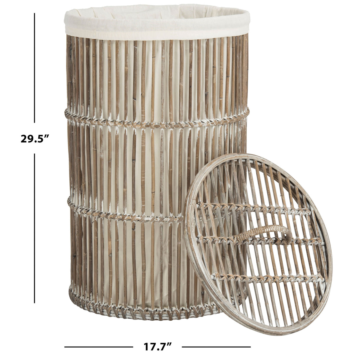 The whitewashed rattan hamper measures 29.5 inches tall and 17.7 inches wide || HAC6502A || dimension_studio