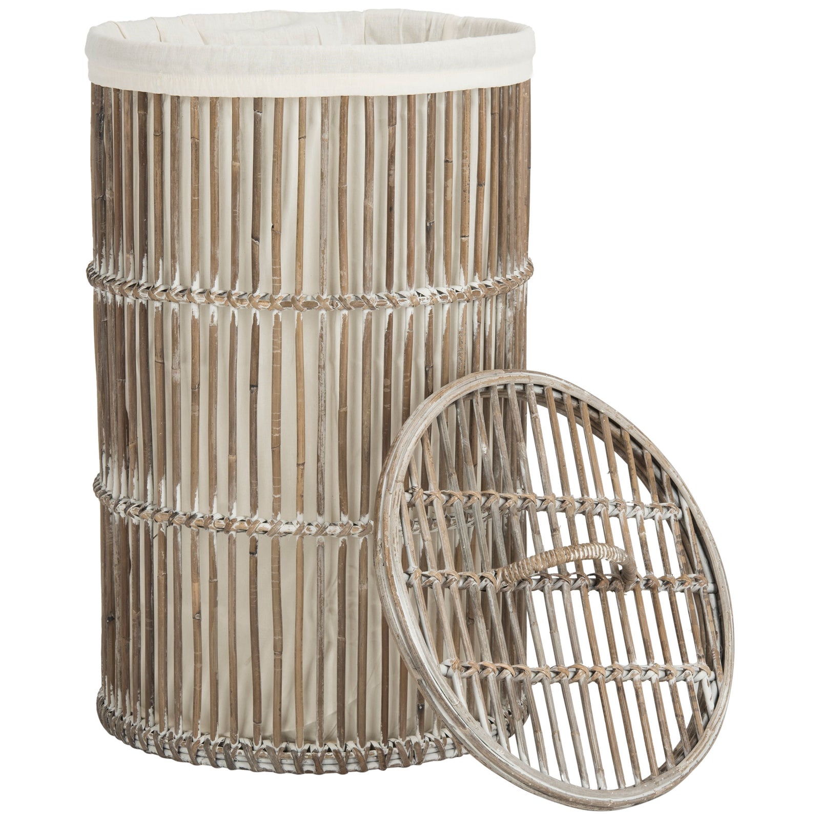 A tall rattan hamper features a white fabric liner and a removable woven lid || HAC6502A || front_partial_open_studio
