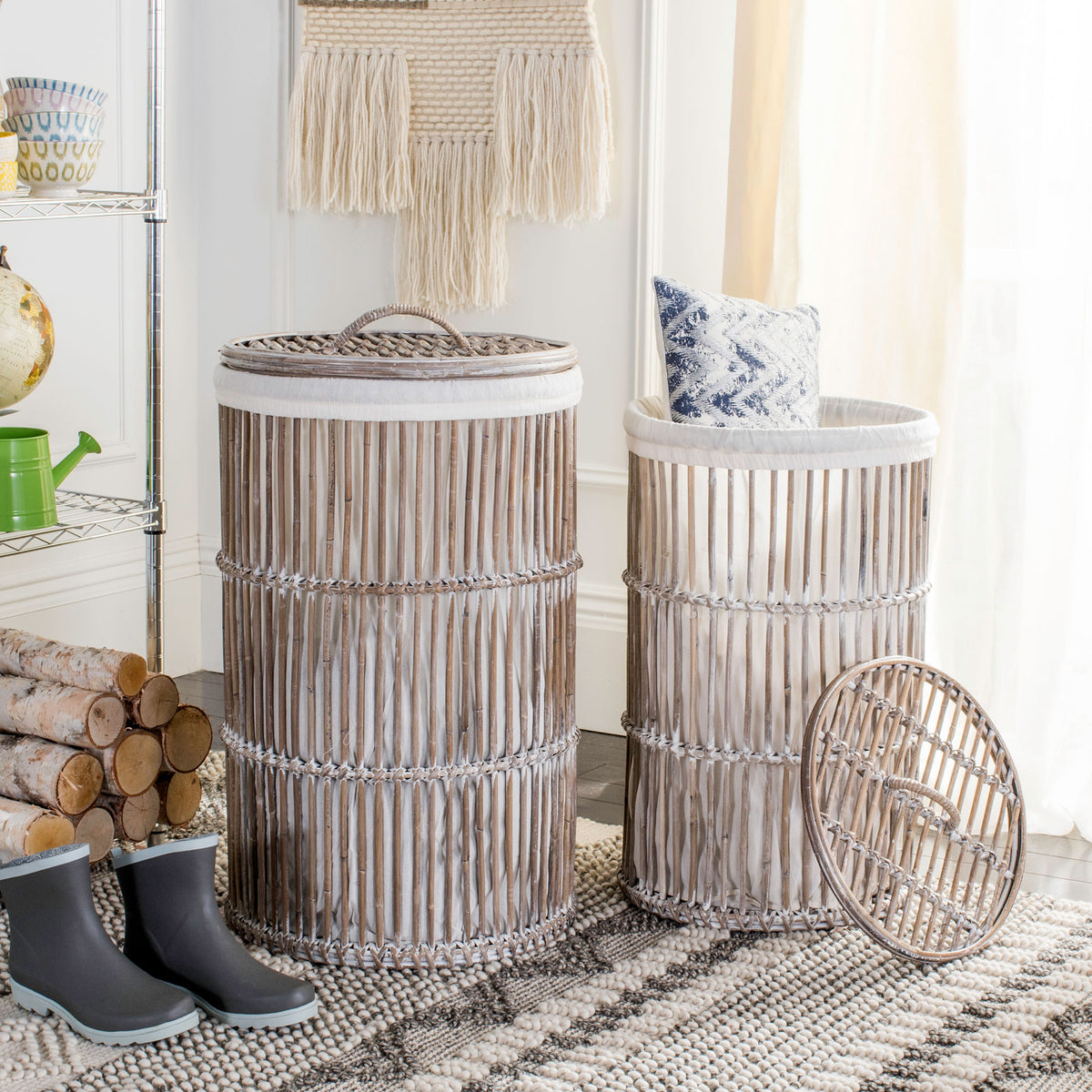 Two rattan hampers in complementary sizes offer lined storage, with one woven lid set aside || HAC6502A || front_open_room