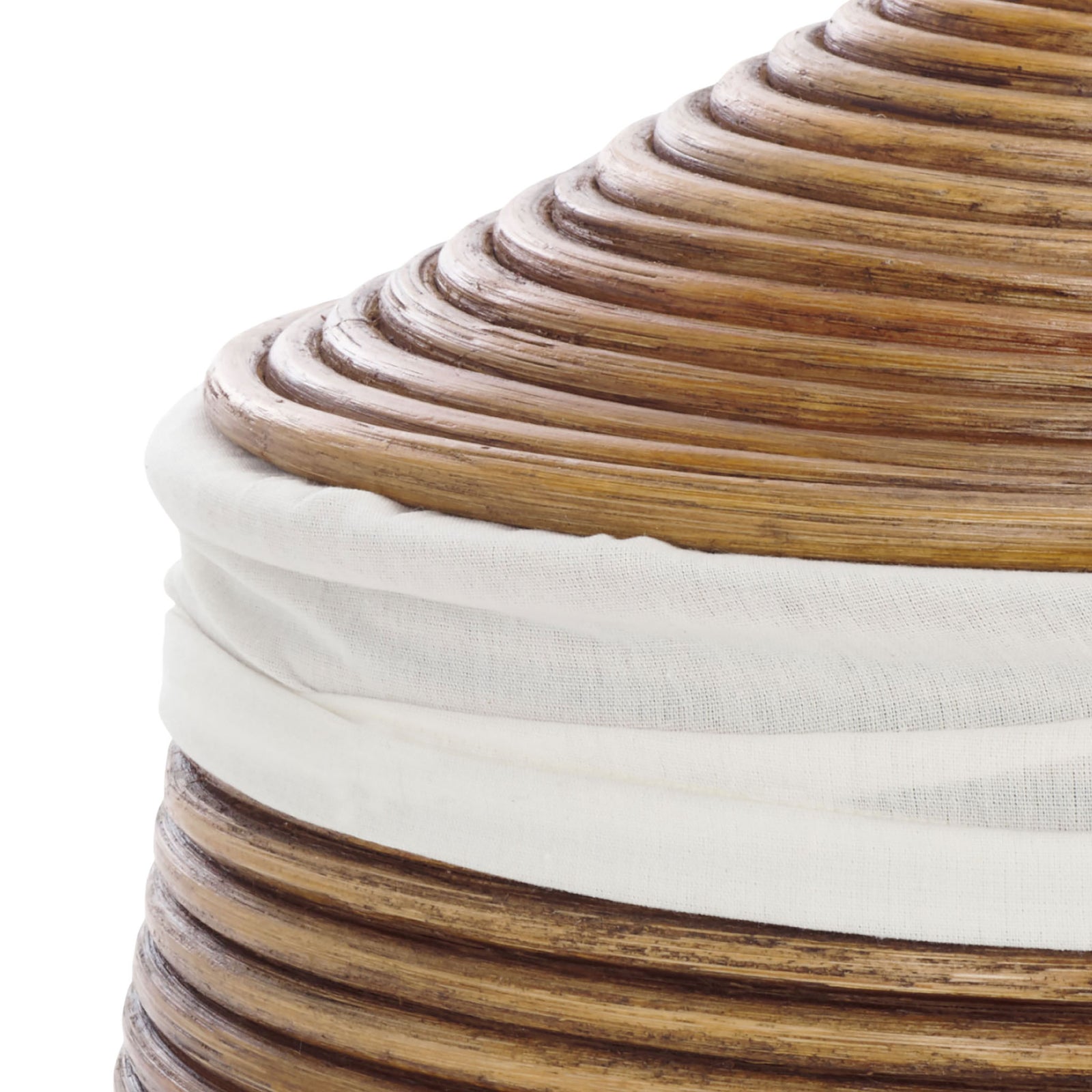White fabric trim contrasts with the basket's honey-brown rattan lid and coiled body || HAC6503A || detail_studio
