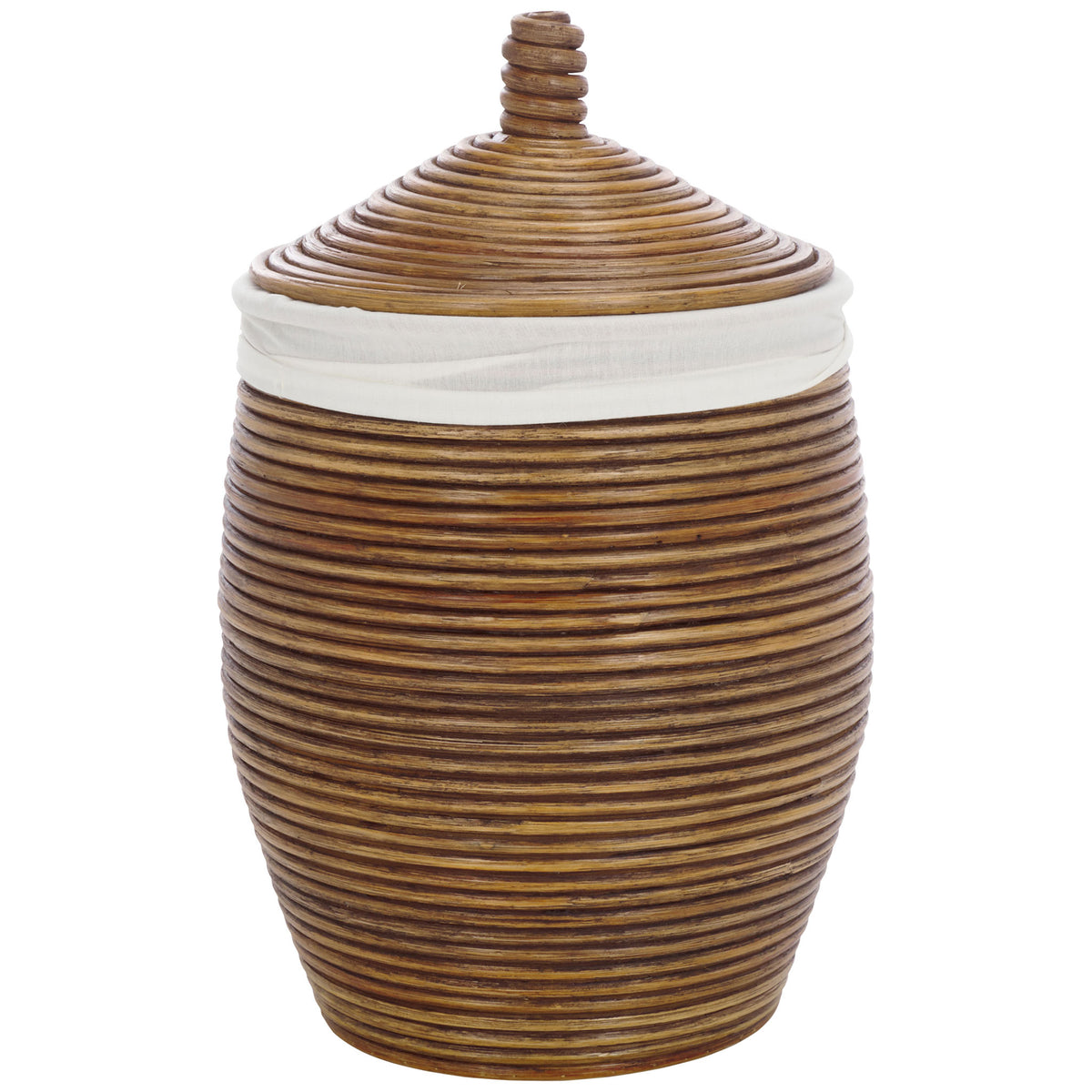 Honey-brown rattan coils and a white fabric rim give this lidded laundry basket natural texture || HAC6503A || front_studio