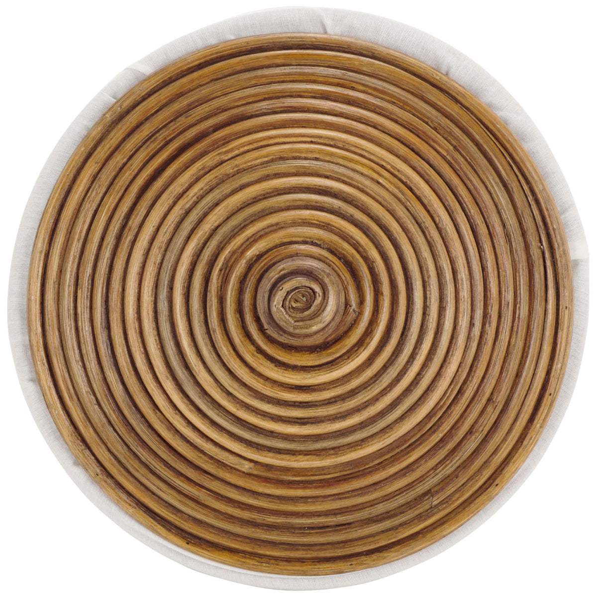 Concentric honey-brown rattan coils meet a white fabric rim around the basket's lid || HAC6503A || top_studio