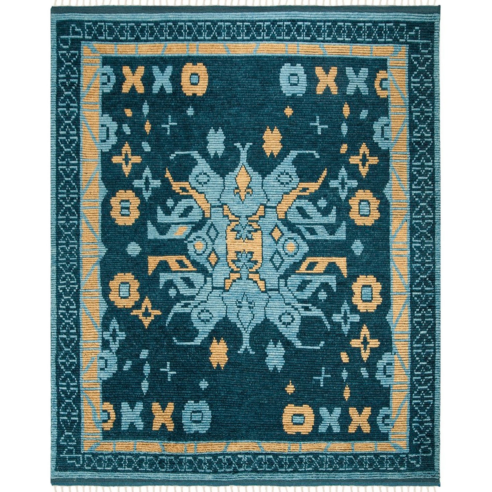 Deep teal blue rug with gold and pale blue geometric medallion motifs and fringed ends || KNY112A-8 || top_studio