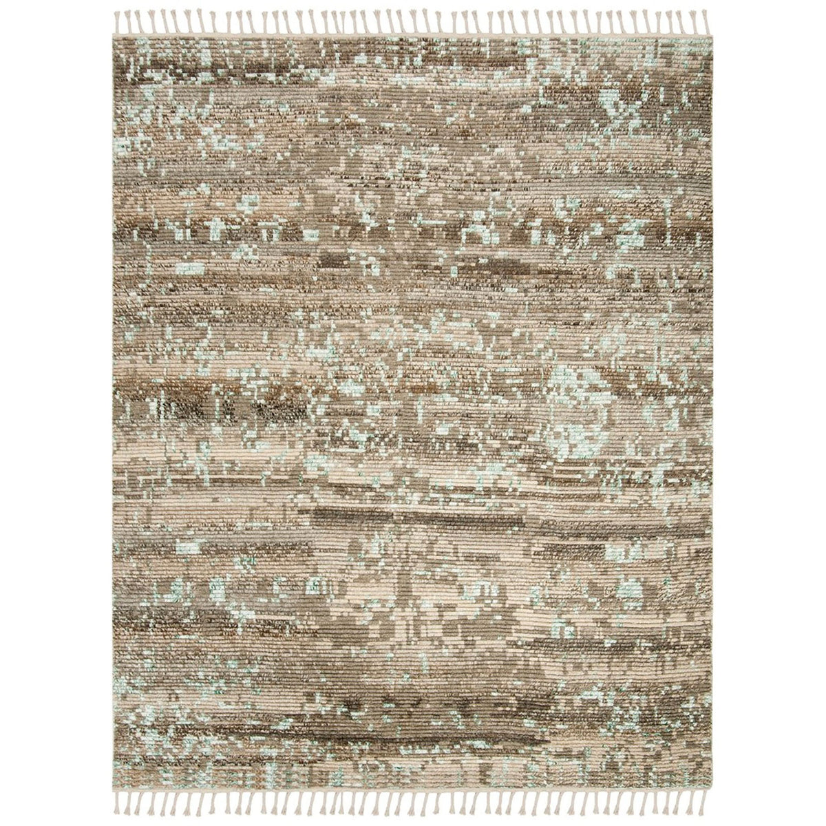 Beige and ivory rug with a distressed pale aqua pattern and tasseled ends || KNY114A-8 || top_studio