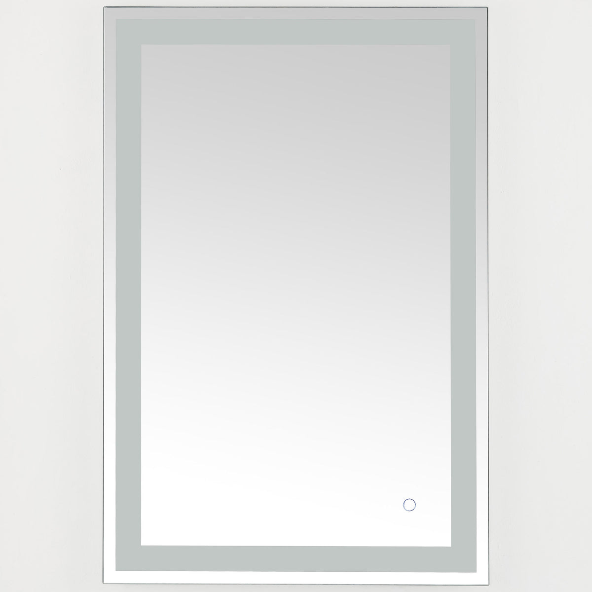 A sleek rectangular mirror pairs a narrow silver edge with a frosted LED border and touch control || LMR1000A || front_studio