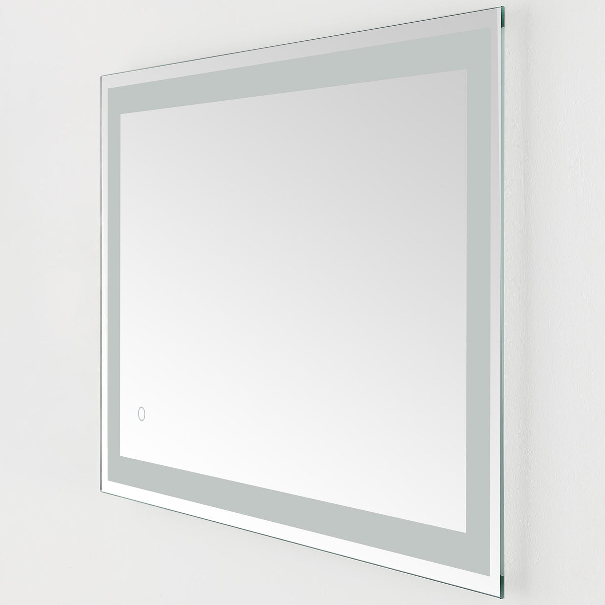 A wide mirror highlights its sleek silver edge, frosted LED band, and subtle touch button || LMR1000A || front_angle_studio