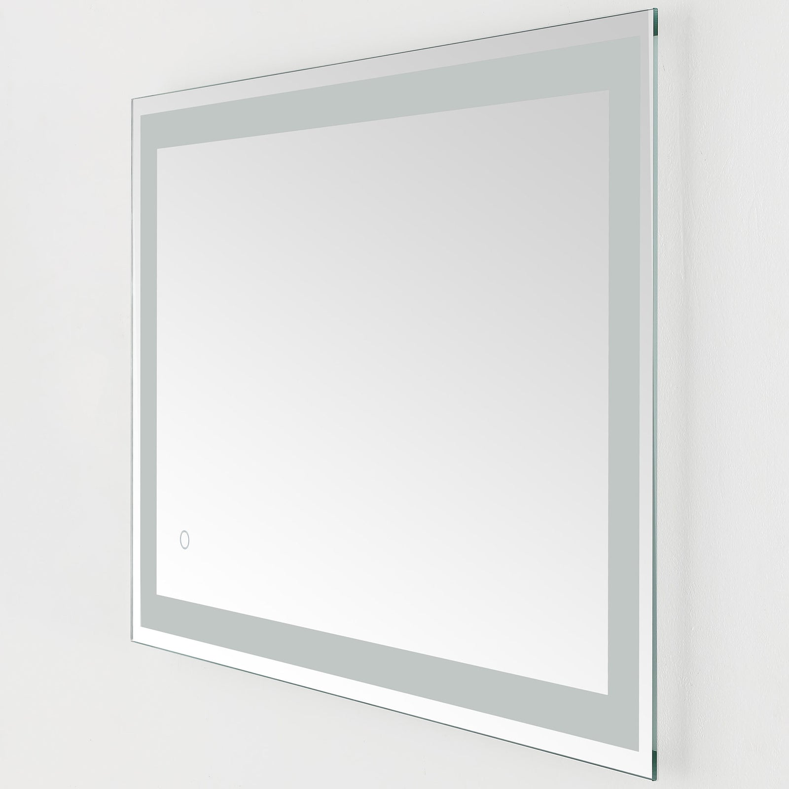 A wide mirror highlights its sleek silver edge, frosted LED band, and subtle touch button || LMR1000A || front_angle_studio