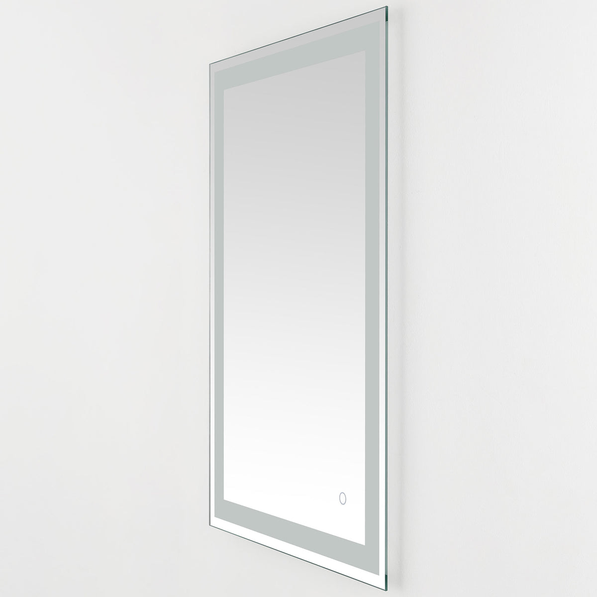 A tall mirror combines a thin aluminum profile, frosted lighting trim, and discreet touch control || LMR1000A || front_angle_studio