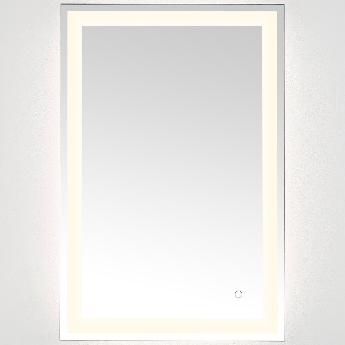 Soft white lighting frames the mirror while its slim silver edge keeps the look clean || LMR1000A || front_on_studio