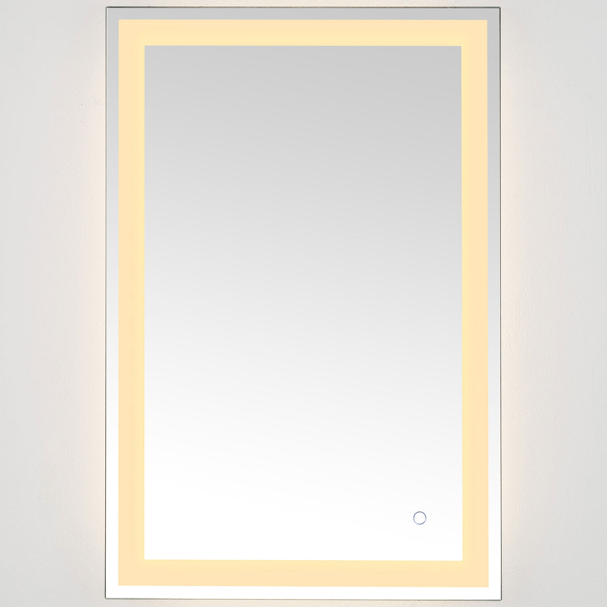 Warm golden LEDs trace the mirror's rectangular border for an inviting ambient glow || LMR1000A || front_on_studio
