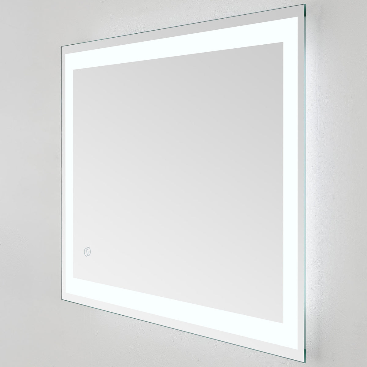 A bright white LED border illuminates the wide mirror's clean lines and sleek silver edge || LMR1000A || front_angle_on_studio