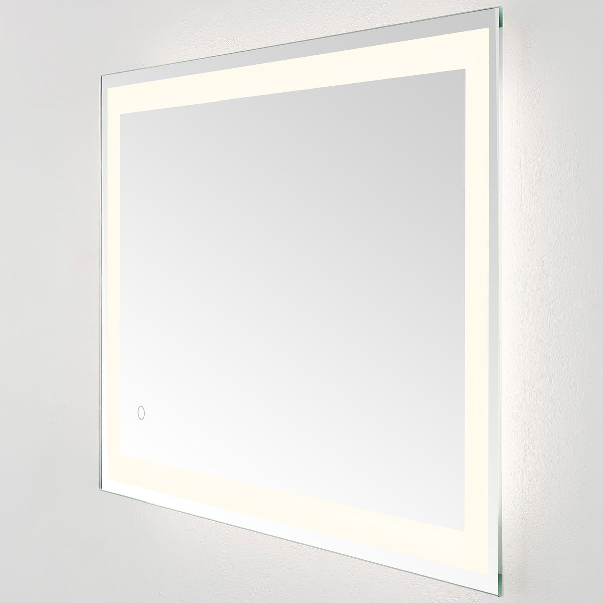 Soft white illumination lends the wide rectangular mirror a gentle, modern glow || LMR1000A || front_angle_on_studio