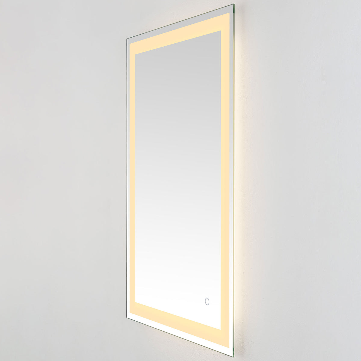 A golden LED border adds warm ambient light to the tall, silver-edged mirror || LMR1000A || front_angle_on_studio