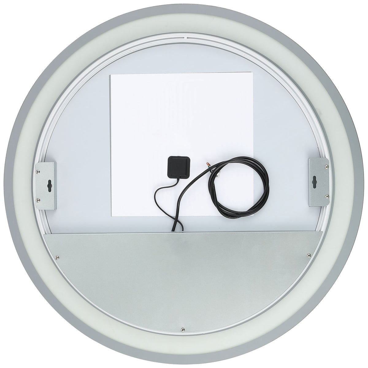 The round mirror has rear mounting brackets and a coiled power cord for its LED lighting || LMR1001A || back_studio