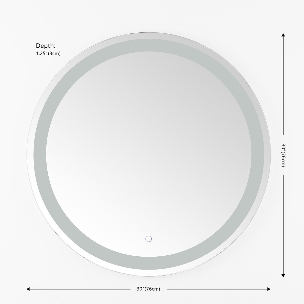 The round LED mirror measures 30 inches across and 1.25 inches deep || LMR1001A || dimension_studio