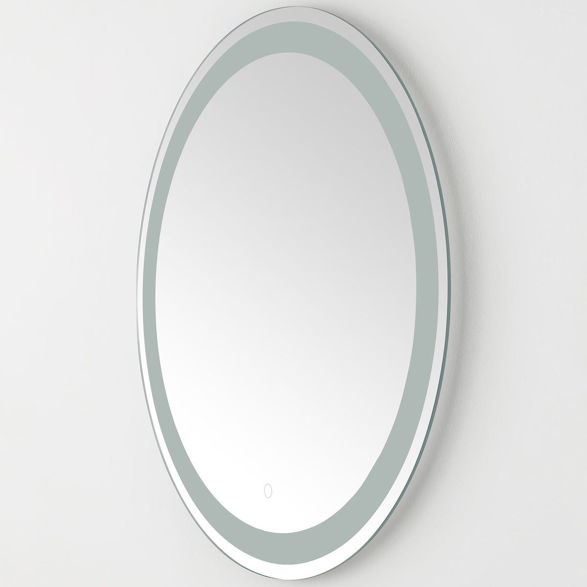Slim silver edging frames the round mirror and its unlit frosted LED band || LMR1001A || side_studio
