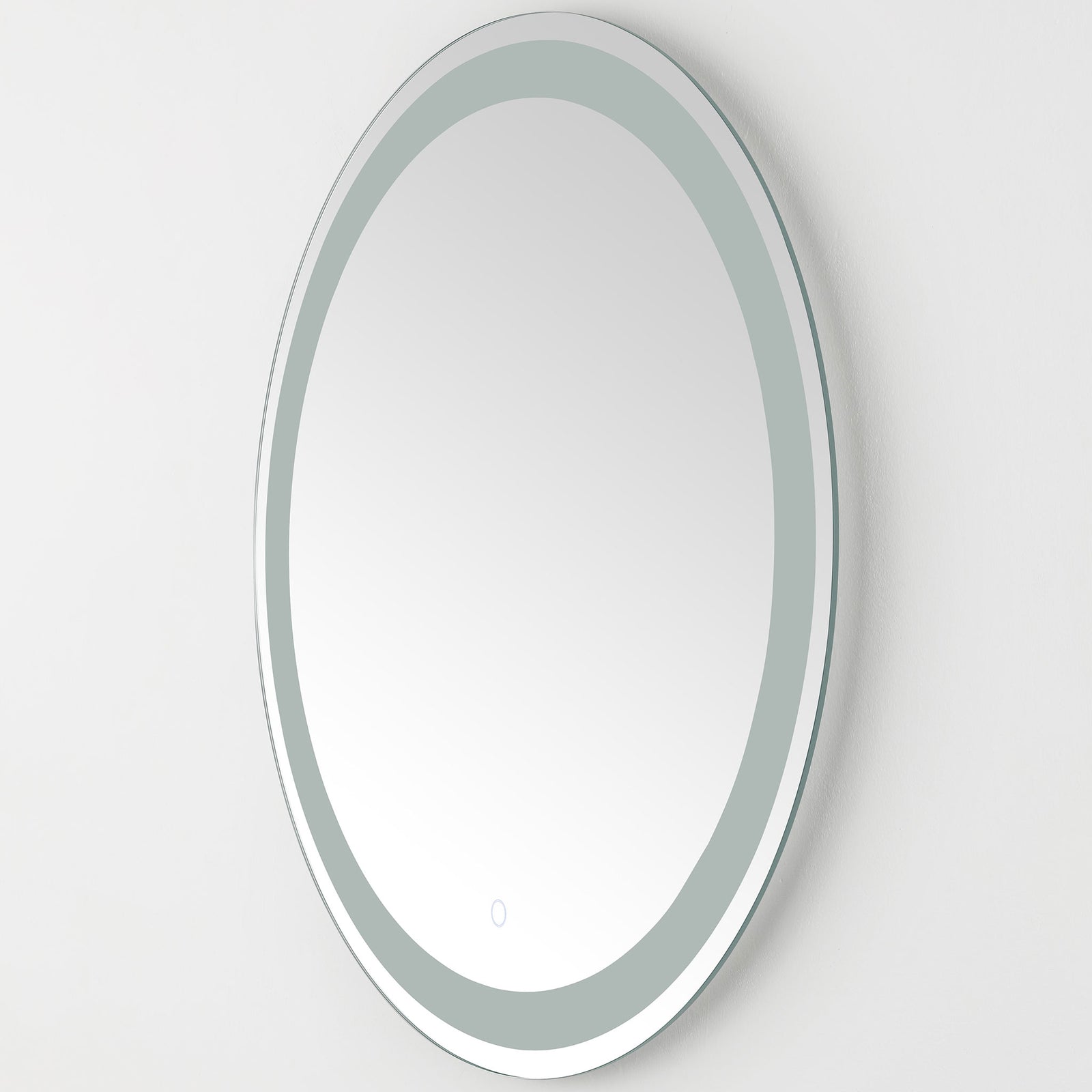 Slim silver edging frames the round mirror and its unlit frosted LED band || LMR1001A || side_studio