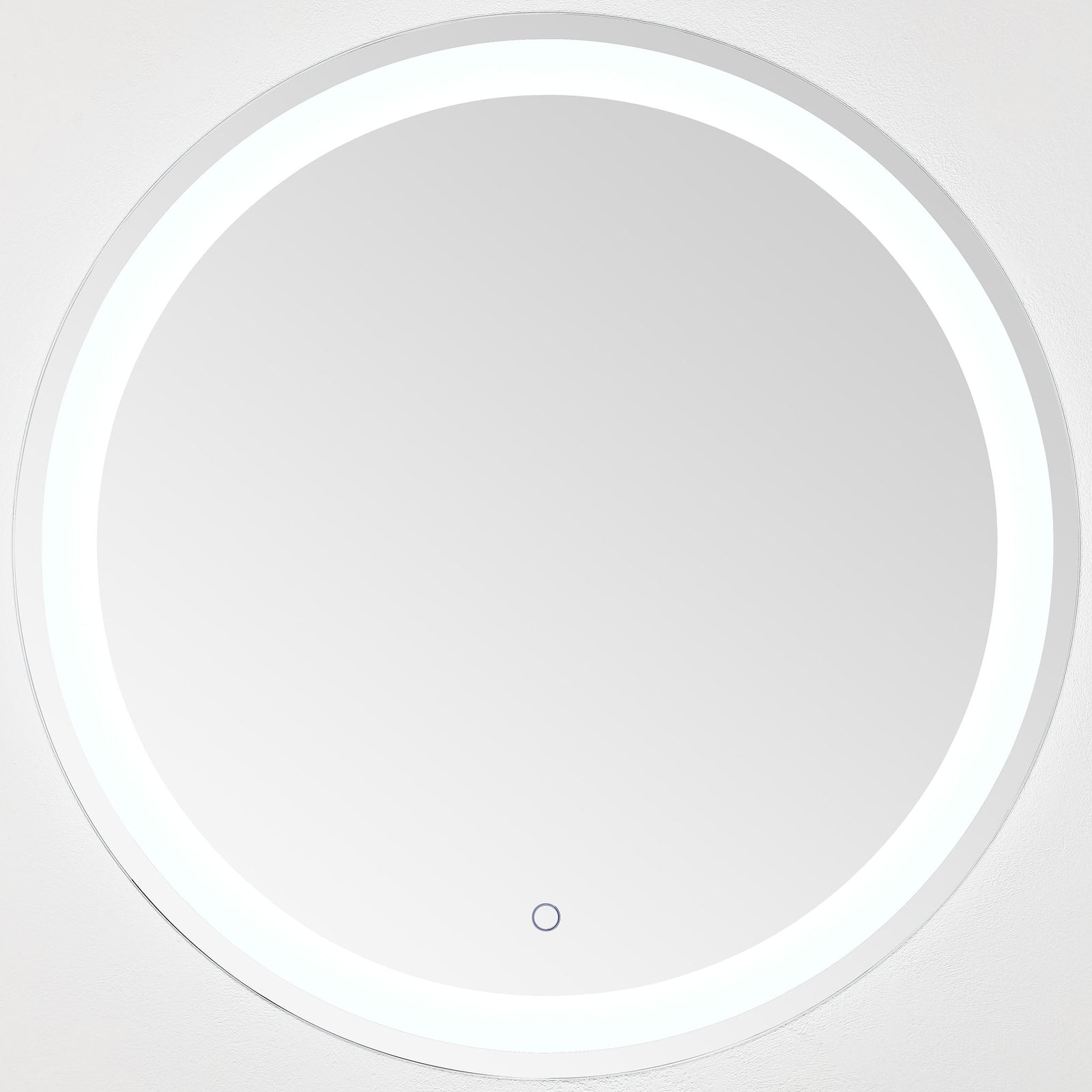 A crisp white LED ring lights the round mirror, with a touch control near its lower edge || LMR1001A || front_on_studio
