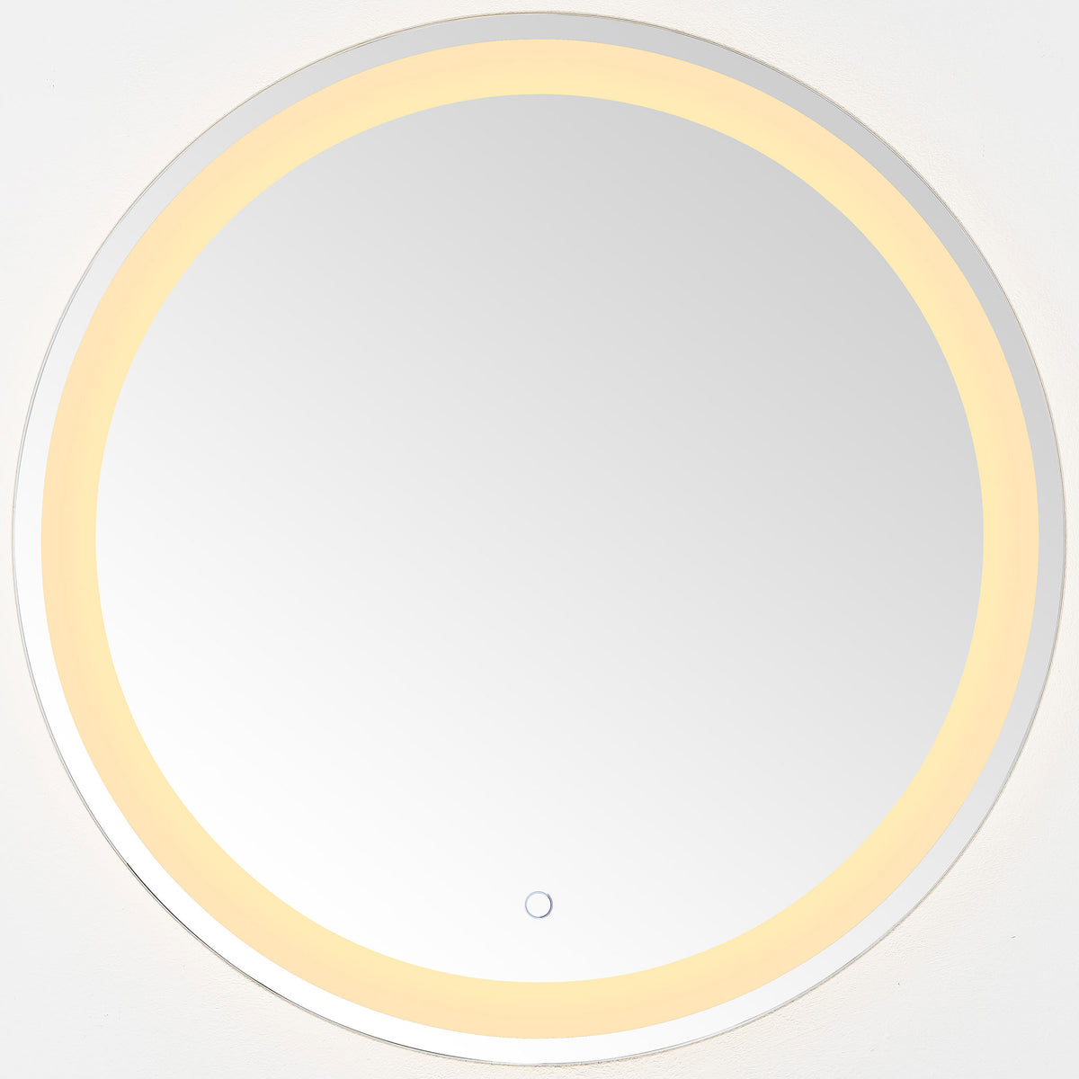 Warm golden LED light outlines the round mirror inside its slim silver rim || LMR1001A || front_on_studio