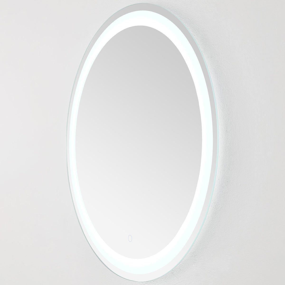 A narrow silver frame surrounds the round mirror as its bright white LED band shines || LMR1001A || side_on_studio