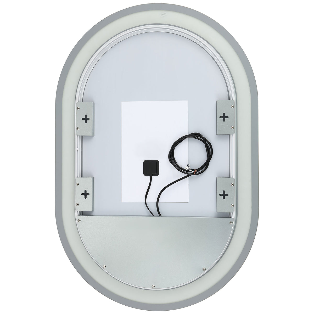 Silver aluminum backing with four mounting brackets and a power cord for the integrated LED mirror || LMR1002A || back_studio