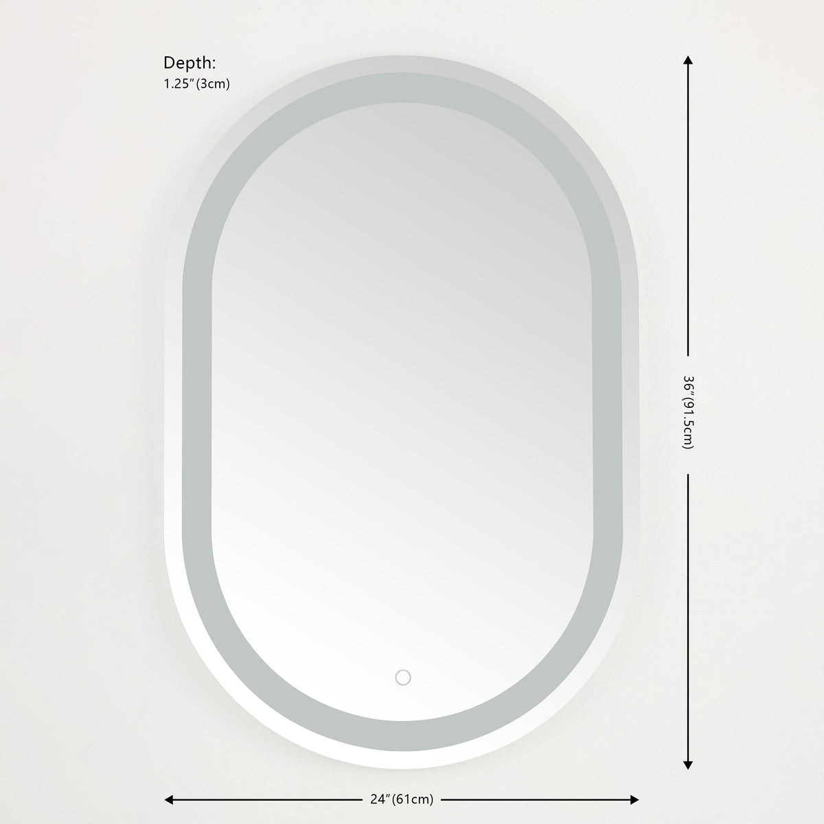 Rounded LED mirror measures 24 inches wide, 36 inches high, and 1.25 inches deep || LMR1002A || dimension_studio