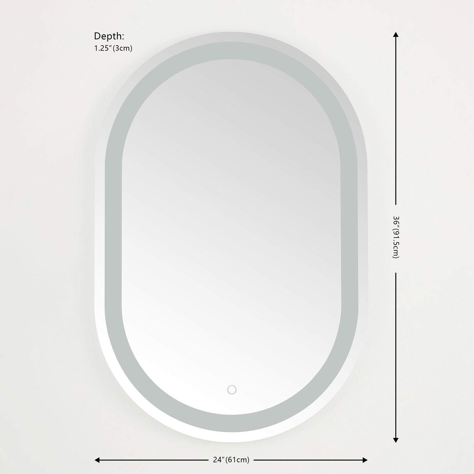 Rounded LED mirror measures 24 inches wide, 36 inches high, and 1.25 inches deep || LMR1002A || dimension_studio