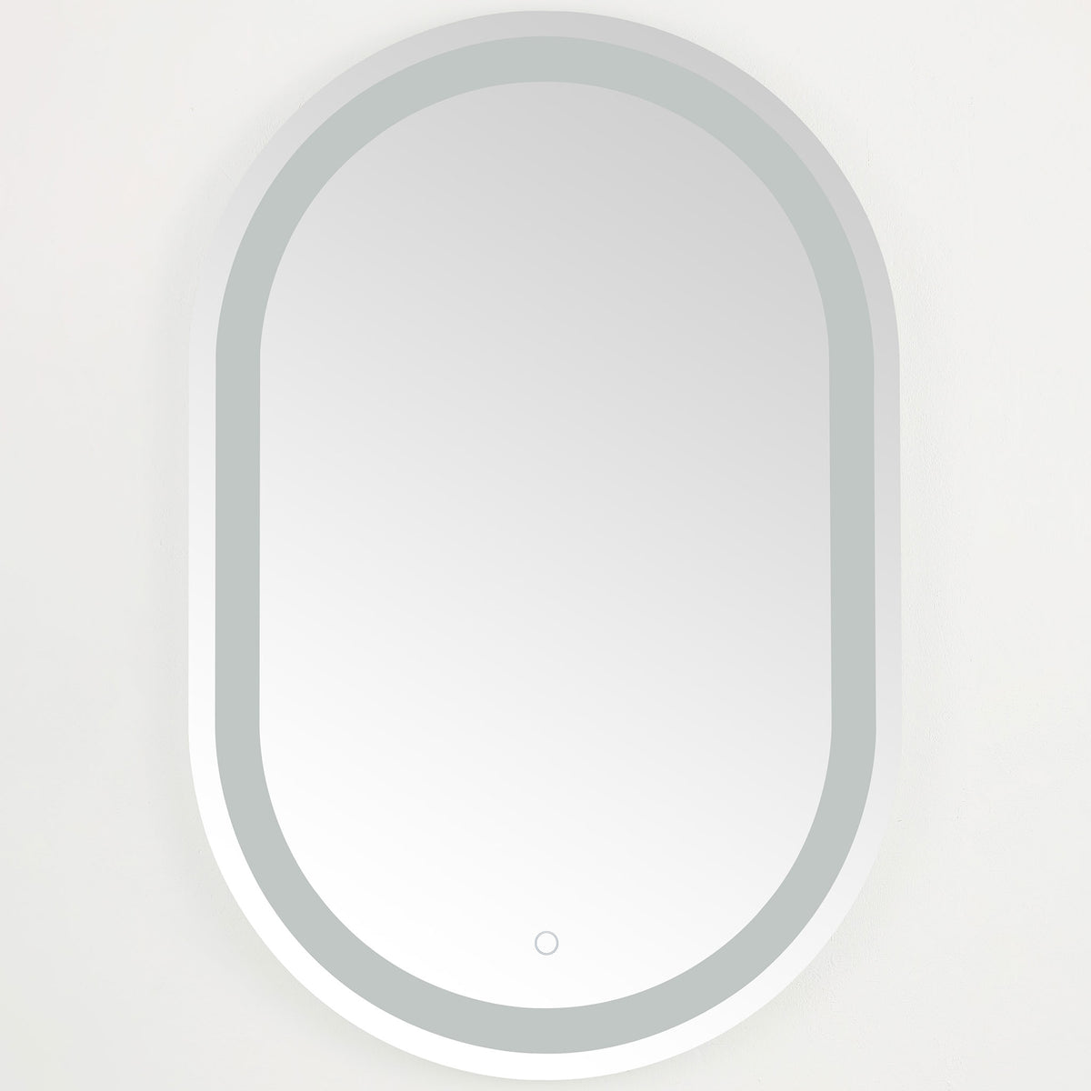 Elongated oval mirror with a slim silver frame, inset LED border, and discreet touch control || LMR1002A || front_studio