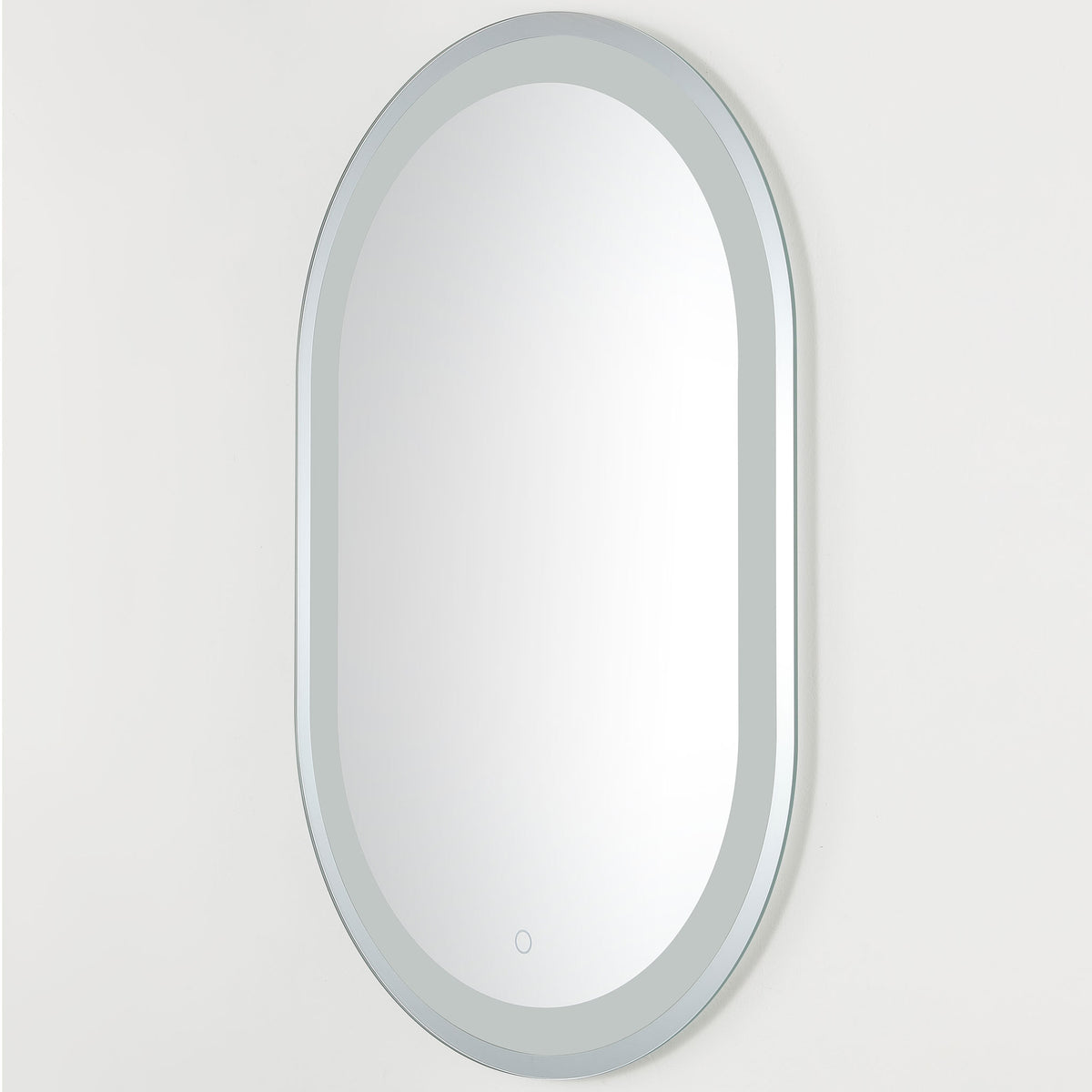 Slim silver housing frames the softly rounded mirror and its continuous LED border || LMR1002A || front_angle_studio