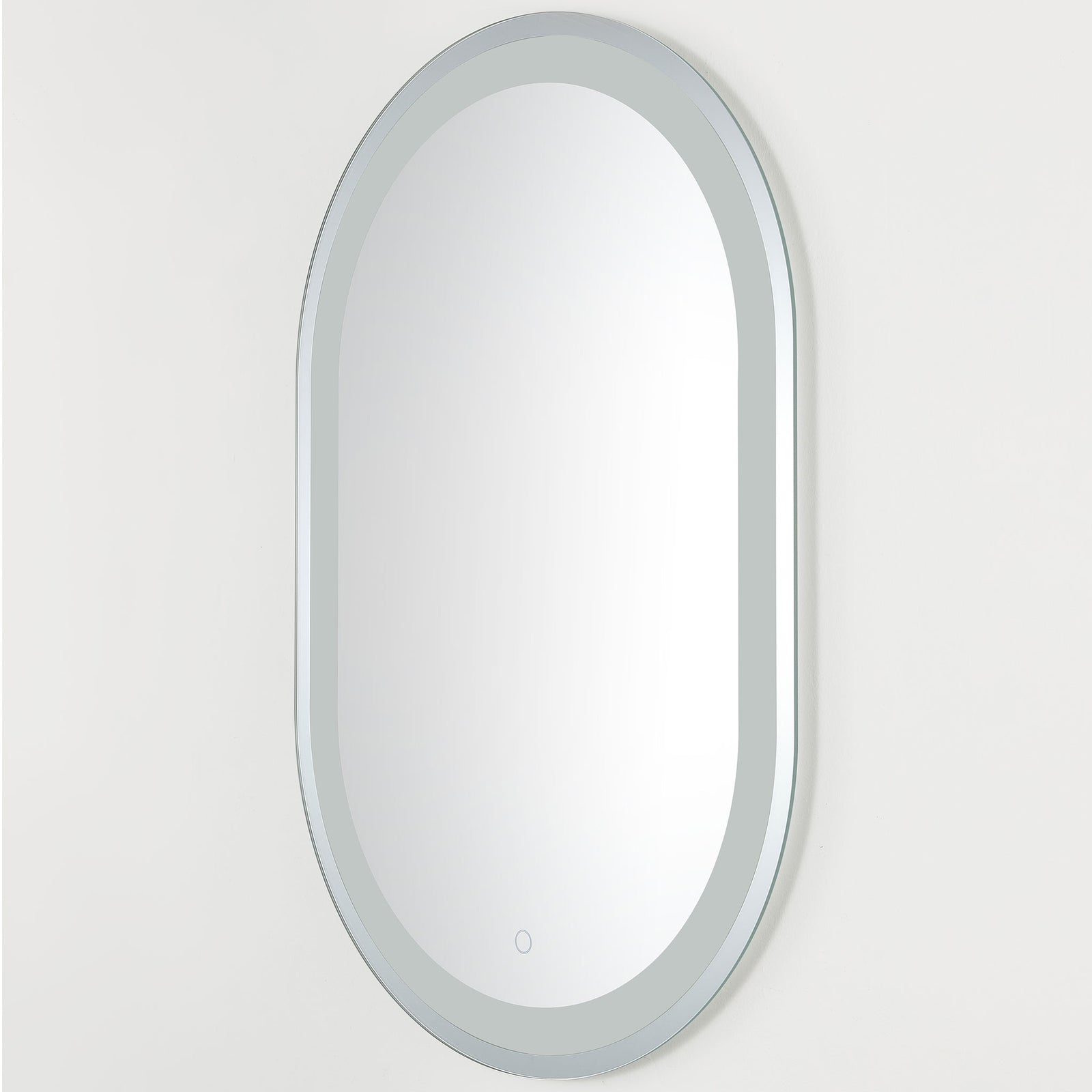 Slim silver housing frames the softly rounded mirror and its continuous LED border || LMR1002A || front_angle_studio