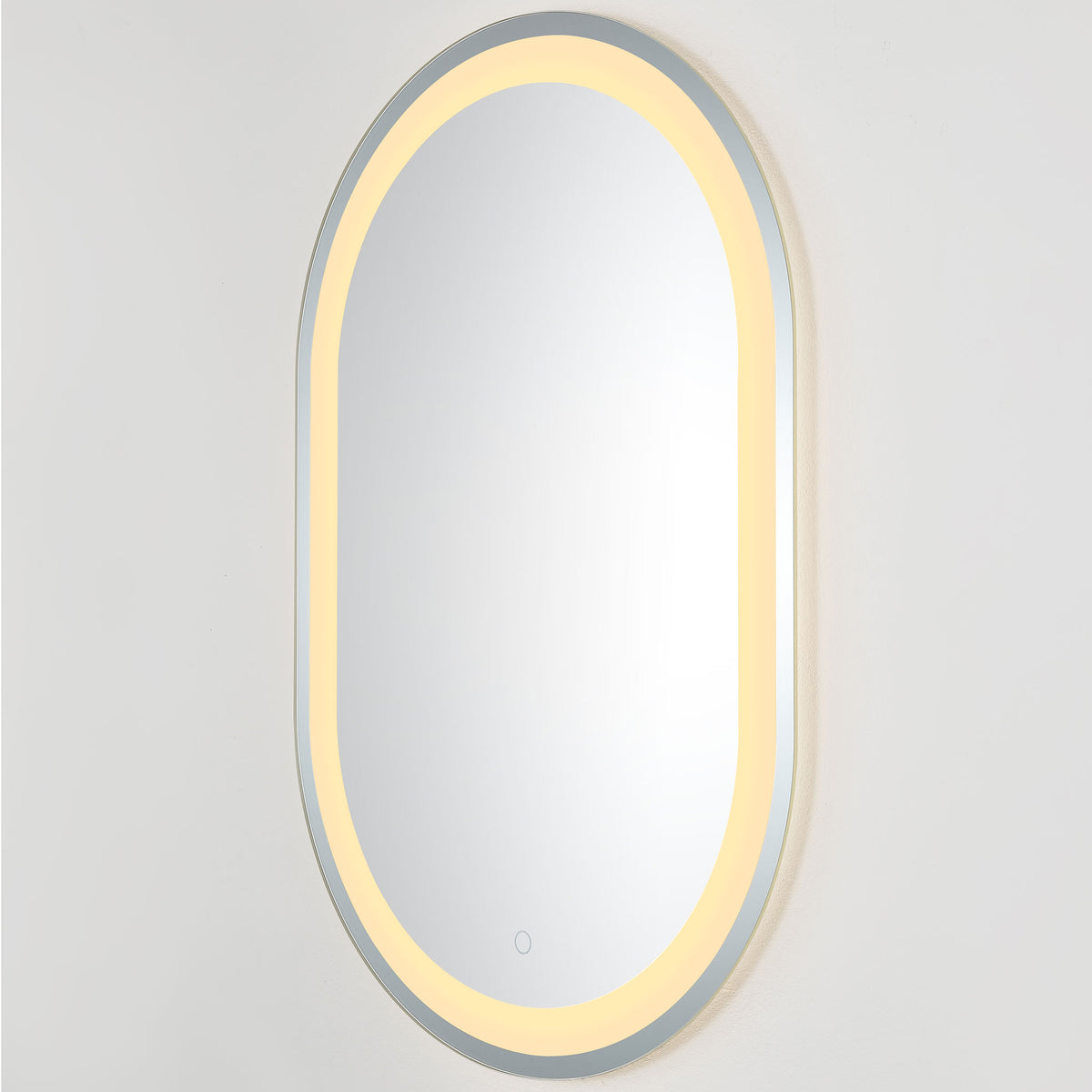 Golden LED illumination wraps around the tall mirror for a soft, warm ambiance || LMR1002A || front_angle_on_studio
