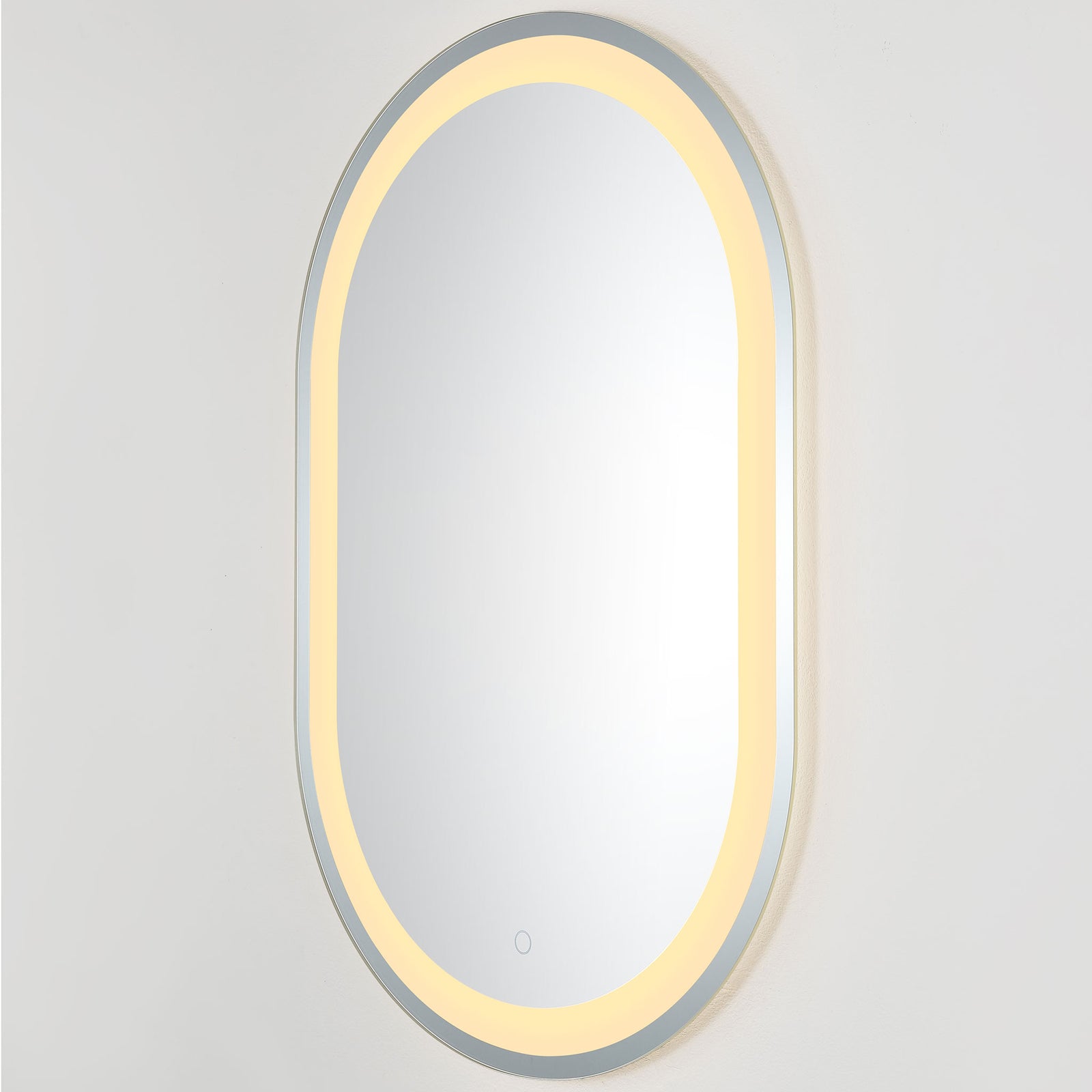 Golden LED illumination wraps around the tall mirror for a soft, warm ambiance || LMR1002A || front_angle_on_studio