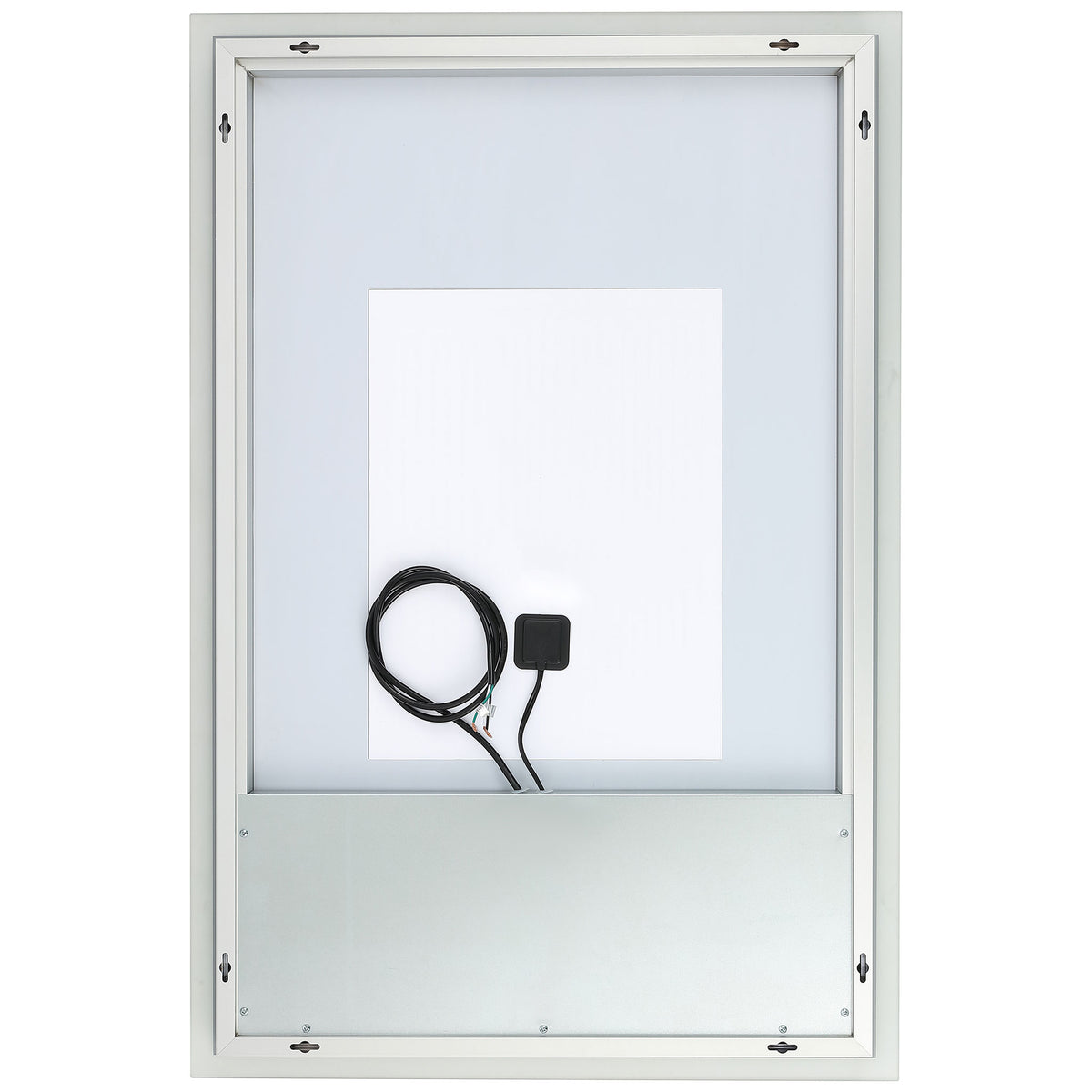 An aluminum-backed LED mirror has mounting slots and a visible power lead. || LMR1003A || back_studio