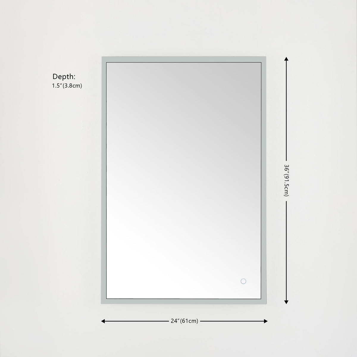 The rectangular LED mirror measures 24 inches wide, 36 inches high, and 1.5 inches deep.