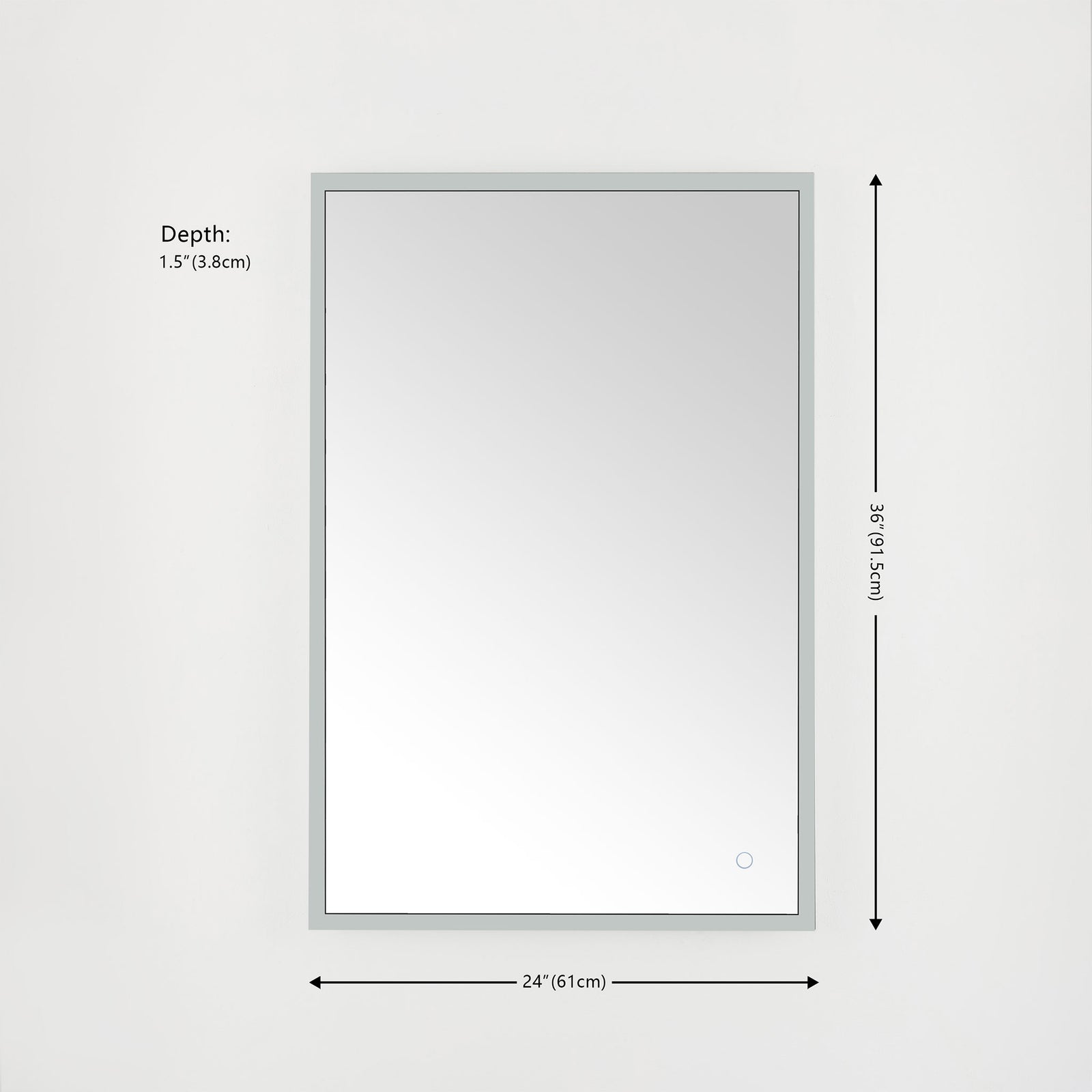 The rectangular LED mirror measures 24 inches wide, 36 inches high, and 1.5 inches deep. || LMR1003A || dimension_studio
