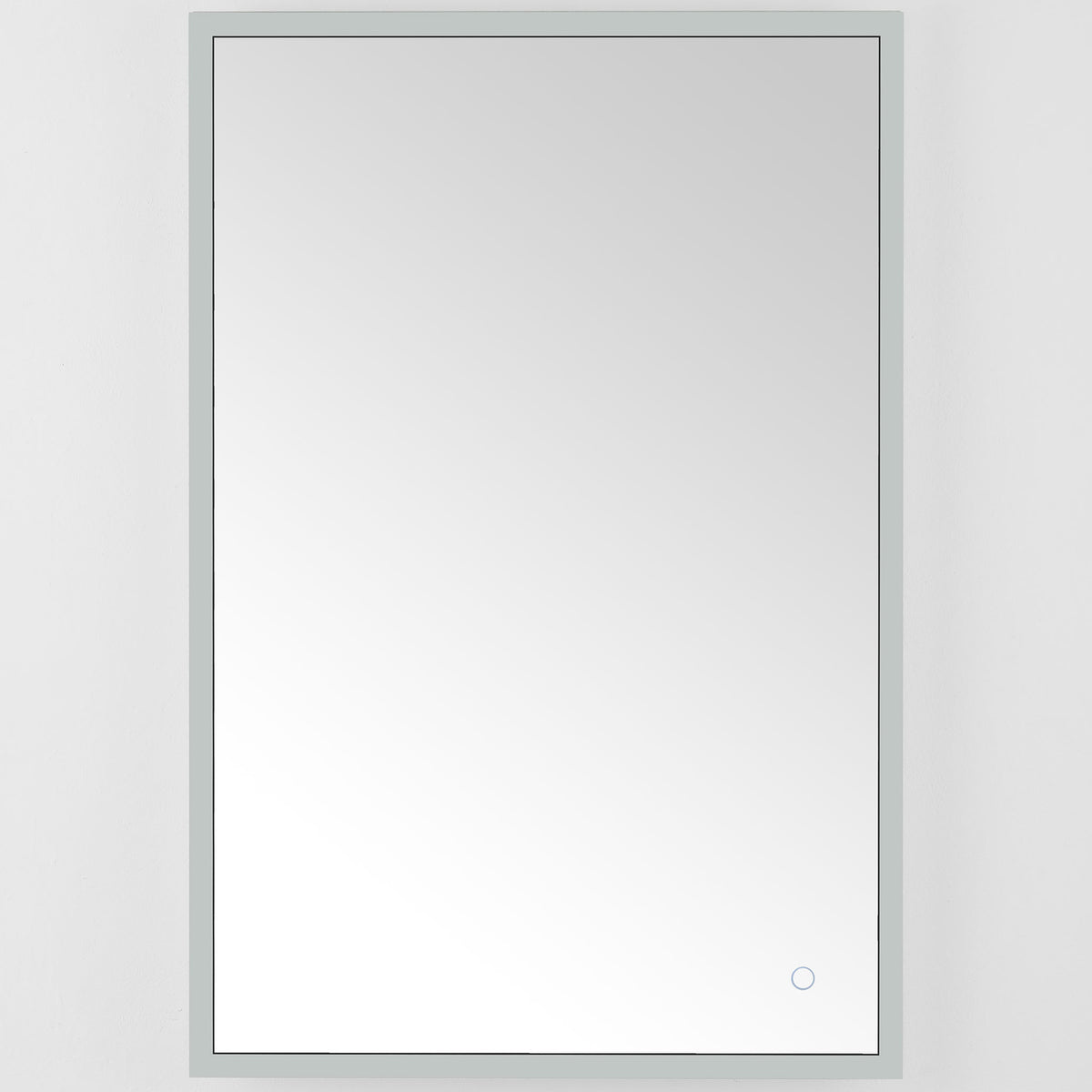 A sleek silver border frames the rectangular mirror, with a discreet touch control near one corner. || LMR1003A || front_studio