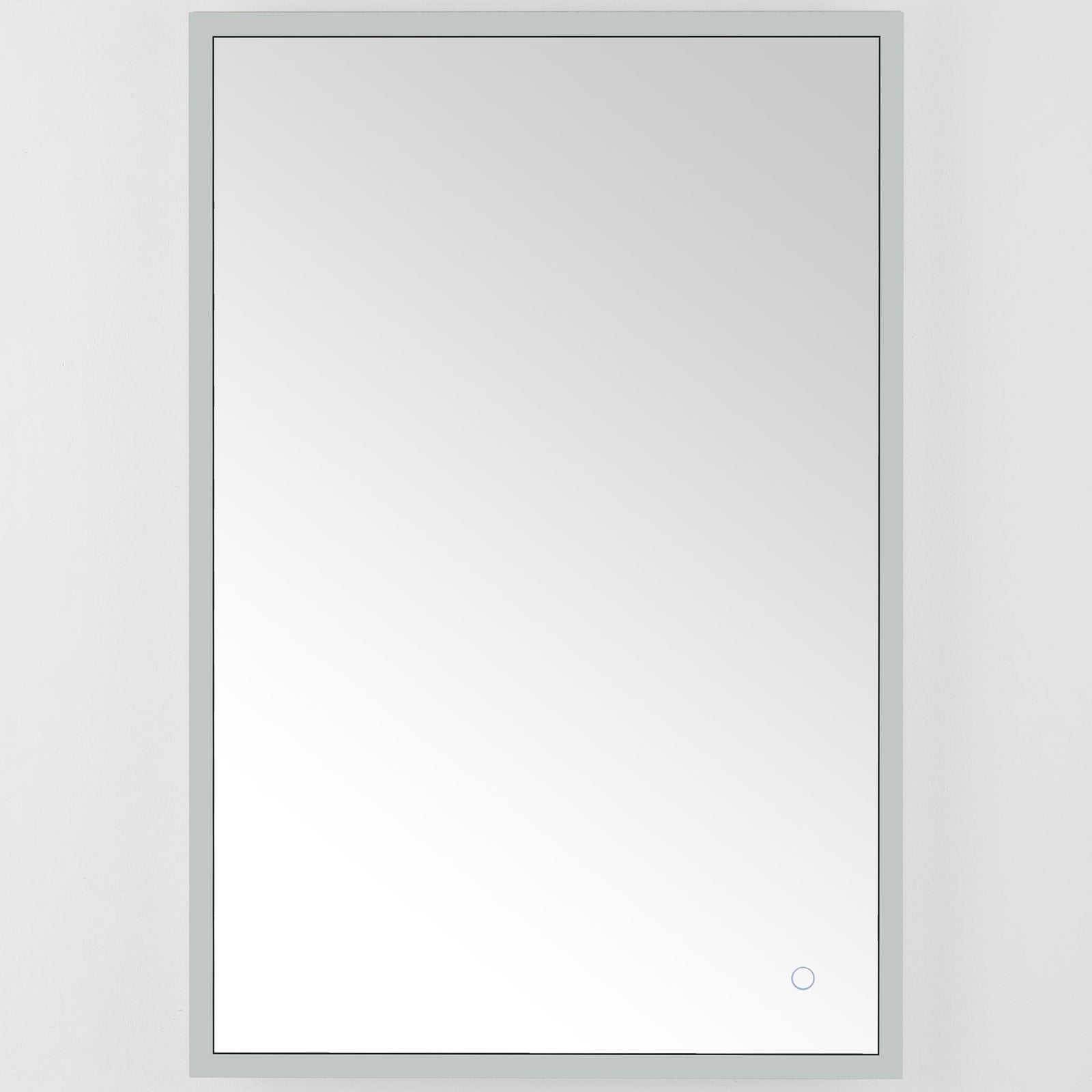 A sleek silver border frames the rectangular mirror, with a discreet touch control near one corner. || LMR1003A || front_studio