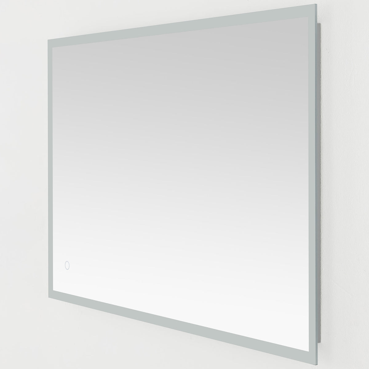 The slim silver-framed mirror hangs horizontally with a touch button near one corner. || LMR1003A || front_angle_studio