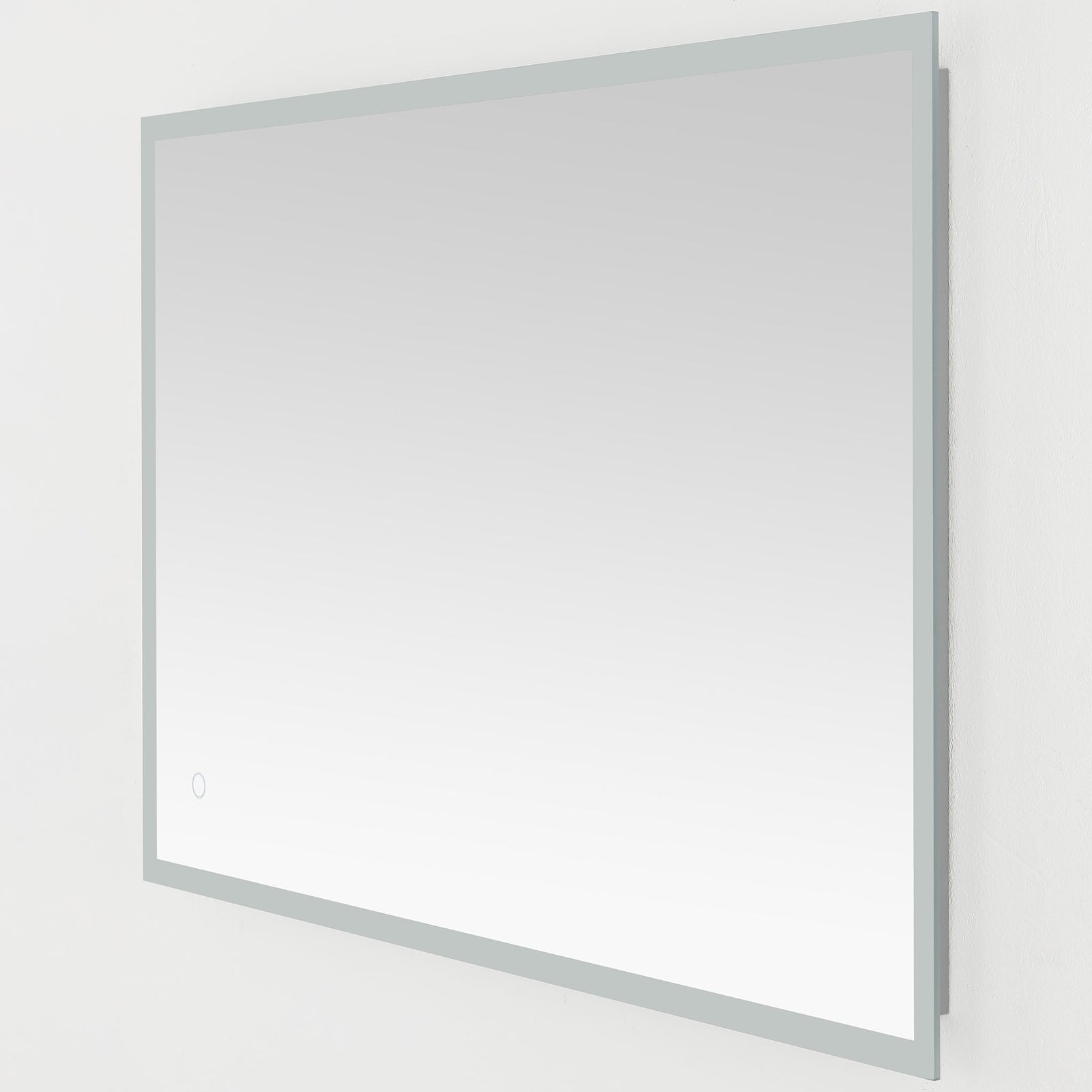 The slim silver-framed mirror hangs horizontally with a touch button near one corner. || LMR1003A || front_angle_studio