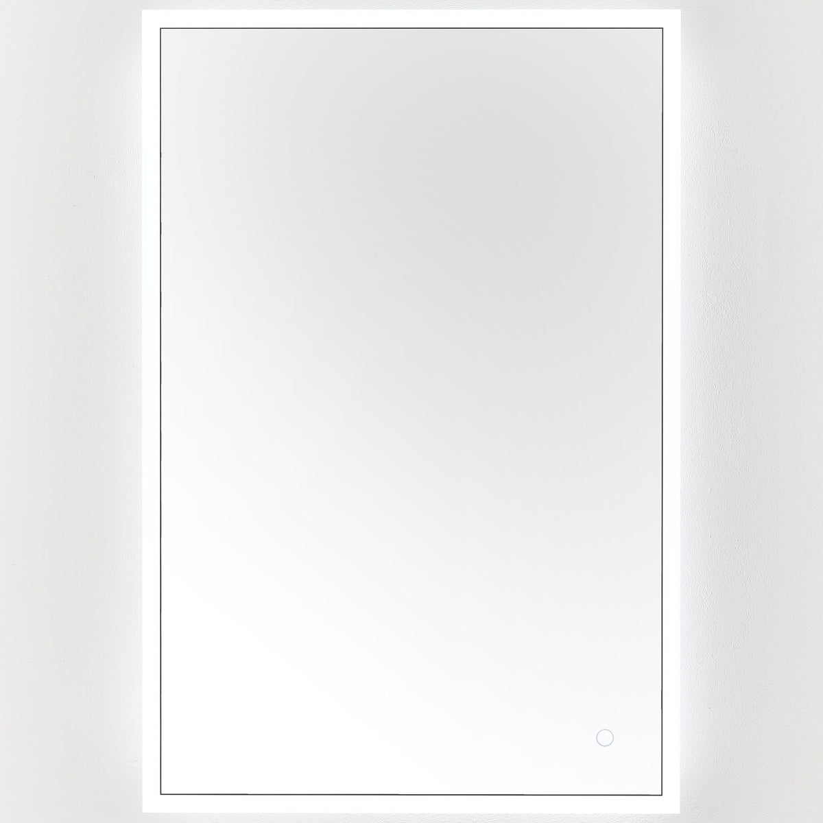 Cool white LED light outlines the rectangular mirror, with a subtle touch control near one corner. || LMR1003A || front_on_studio